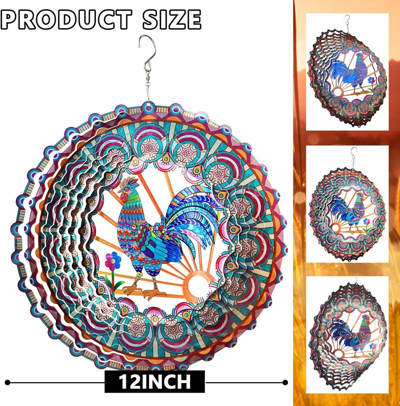 Eiryhope Rooster Kinetic Wind Spinner - 12-Inch 3D Holographic Metal Hanging Sculptures, Rustproof Outdoor Decor Garden Patio Decoration, Unique Gift for Chicken Lovers Mom Dad Men Women - Image 4